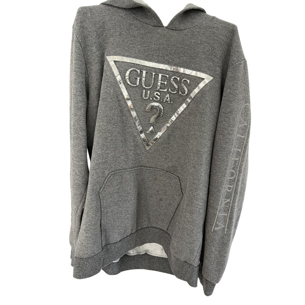 Y2K Guess Vintage Women Teen L Hoodie Rhinestone Graphic Kangaroo Pocket